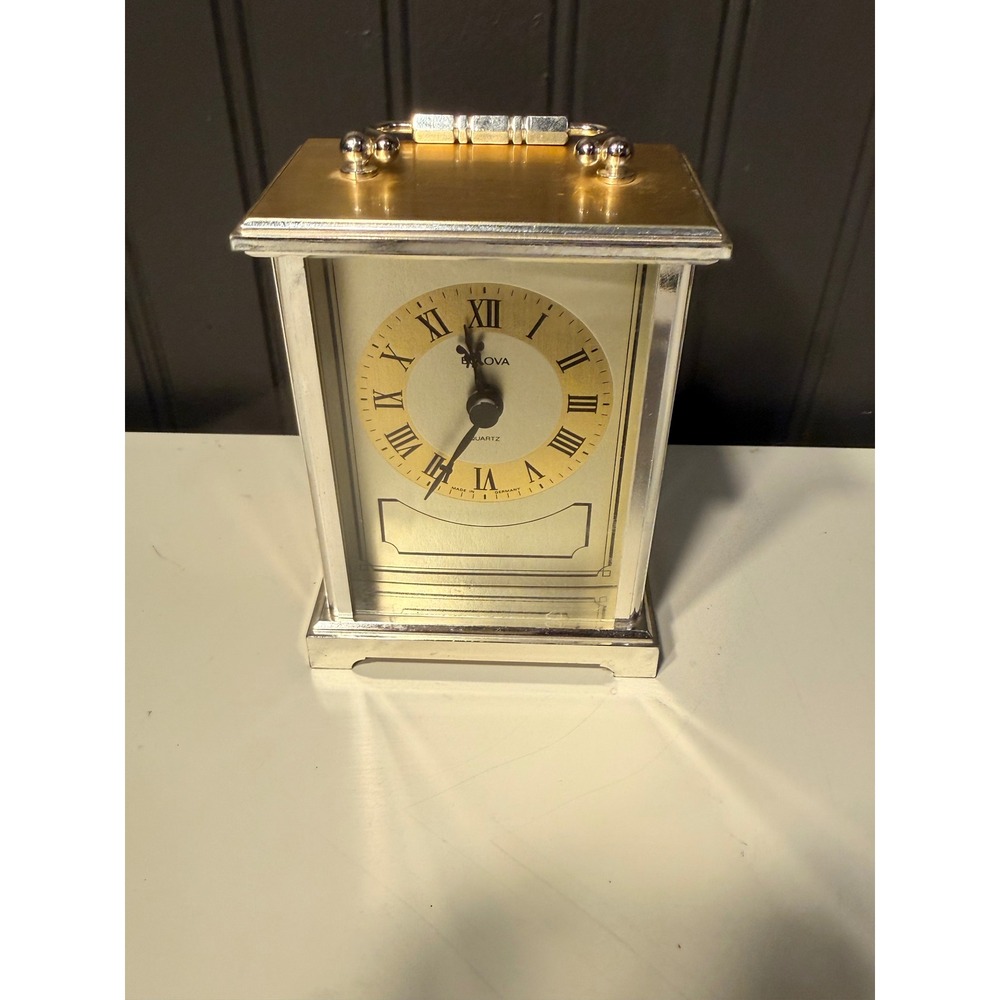 Bulova Quartz Carriage Clock Two Tone Silver Gold Roman Numeral Made in Germany